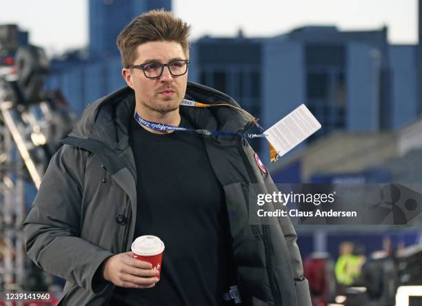 General Manager Kyle Dubas of the Toronto Maple Leafs heads to a breazy practice prior a game against the Buffalo Sabres during the 2022 Tim Hortons...