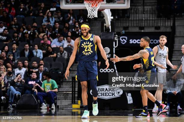 Isaiah Jackson of the Indiana Pacers celebrates during the game against the San Antonio Spurs on March 12, 2022 at the AT&T Center in San Antonio,...