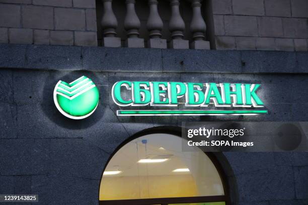 Logo Sberbank seen near Saint-Petersburg shopping center.
