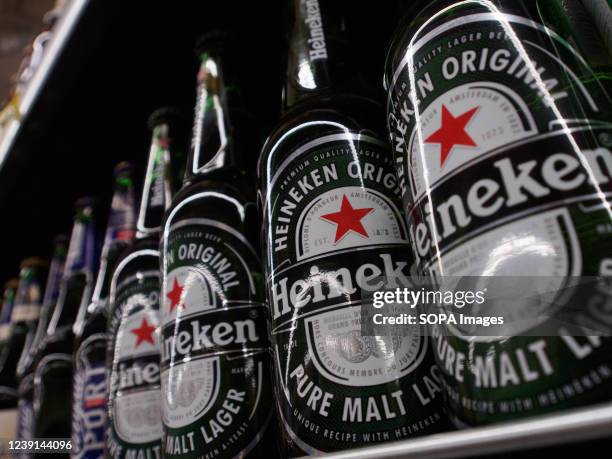Heineken beer on a supermarket shelf in Moscow. The Dutch brewing company Heineken suspends the production and sale of beer under the Heineken brand...