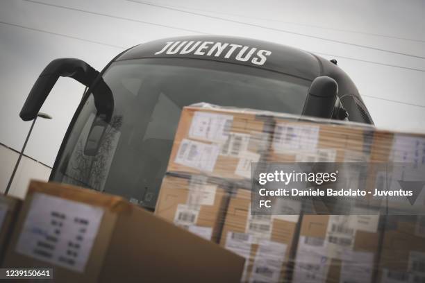 Supplies are loaded onto the bus as a delegation from Juventus travels to Ukraine to pick up 80 people, mostly children accompanied by their mothers,...