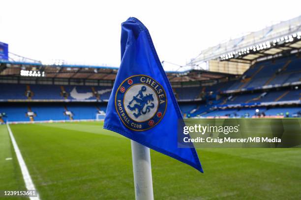 Chelsea football club corner flag is seen ahead of the Premier League match between Chelsea and Newcastle United at Stamford Bridge on March 13, 2022...