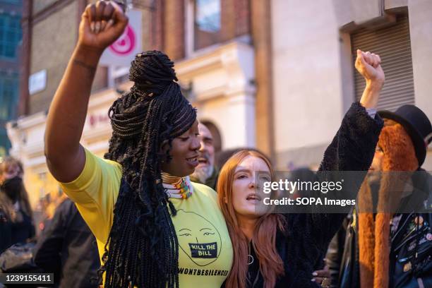 Patsy Stevenson raises her fist during the demonstration. Activists attend a protest called by Sisters Uncut to mark a year since the Clapham Common...