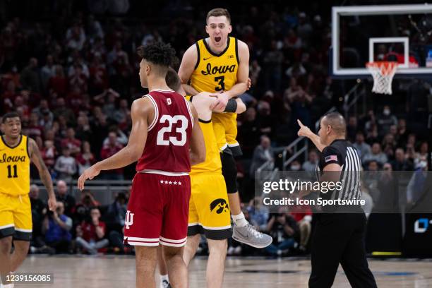 Iowa Hawkeyes guard Jordan Bohannon celebrates after hitting the game winning three pointer during the mens Big Ten tournament college basketball...