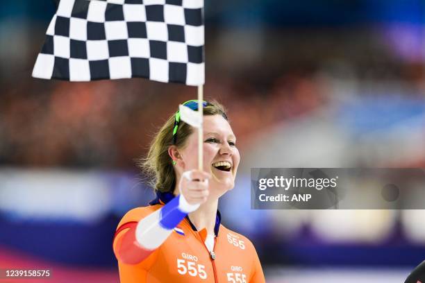 Lotte Van Beek reacts because of her farewell after the 1000 meters during the World Cup final speed skating in Thialf on March 13, 2022 in...