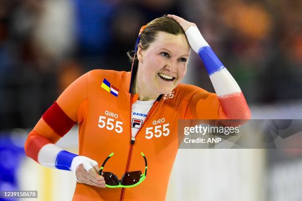 Lotte Van Beek reacts because of her farewell after the 1000 meters during the World Cup final speed skating in Thialf on March 13, 2022 in...