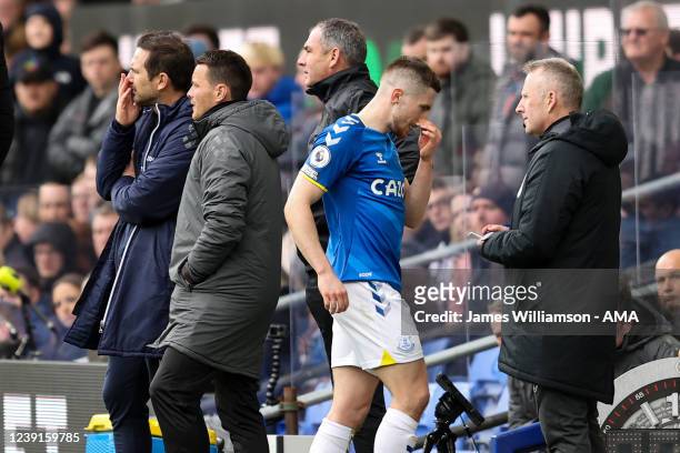 Jonjoe Kenny of Everton leaves the field after being shown a red card during the Premier League match between Everton and Wolverhampton Wanderers at...