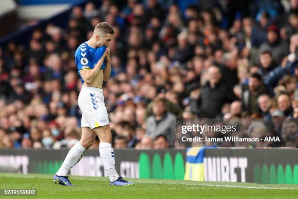 Jonjoe Kenny of Everton leaves the field after being shown a red card during the Premier League match between Everton and Wolverhampton Wanderers at...