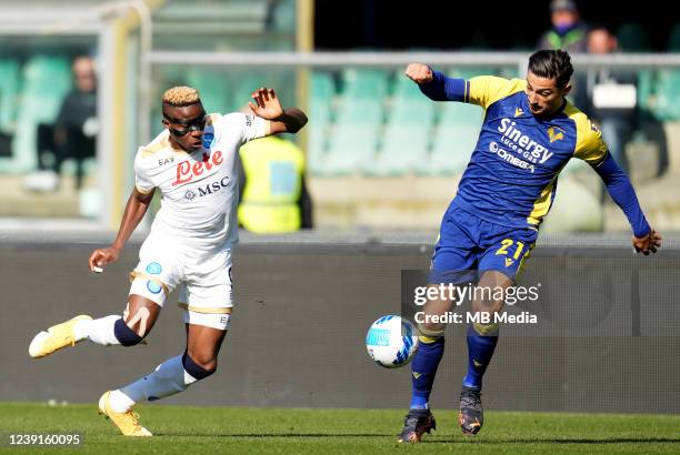Victor Osimhen of SSc Napoli competes for the ball with Koray Gunter of Hellas Verona ,during the Serie A match between Hellas and SSC Napoli at...