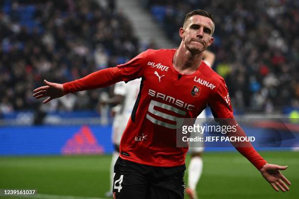 Rennes' French midfielder Benjamin Bourigeaud celebrates after scoring a goal during the French L1 football match between Lyon and Rennes at the...