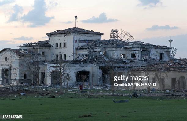 General view shows a damaged mansion following an overnight attack in Arbil, the capital of the northern Iraqi Kurdish autonomous region, on March...