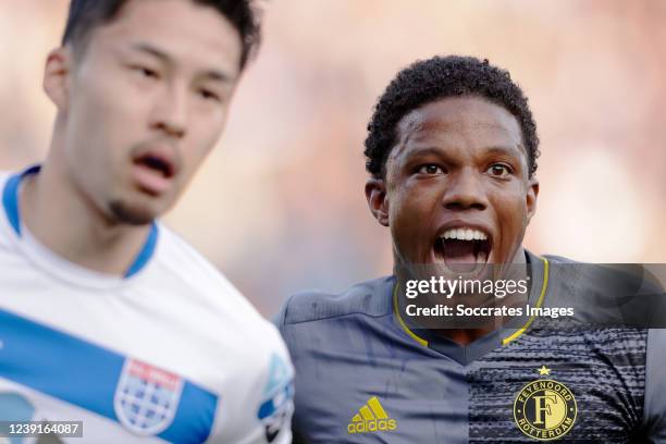 Yuta Nakayama of PEC Zwolle, Tyrell Malacia of Feyenoord during the Dutch Eredivisie match between PEC Zwolle v Feyenoord at the MAC3PARK Stadium on...