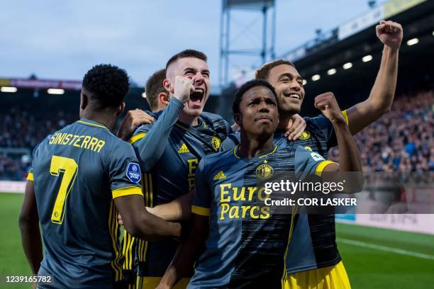 Feyenoord's Nigerian forward Cyriel Dessers celebrates his goal during the Dutch Eredivisie match between PEC Zwolle and Feyenoord at MAC3Park...