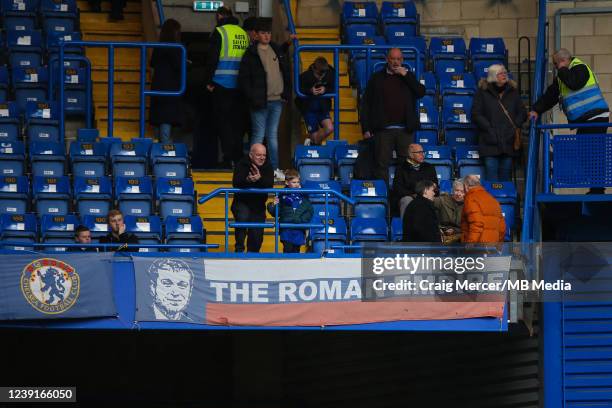 Banner saying the "The Roman Empire" in honour of Chelsea owner Roman Abramovich is seen on display in the ground during the Premier League match...