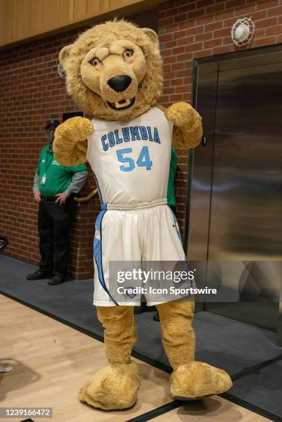 The Columbia Lions mascot pumps up the crowd during halftime of the semifinal college basketball game of the Ivy League Tournament between the Yale...