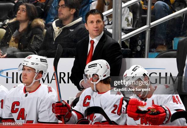 Rod Brind'Amour of the Carolina Hurricanes looks on against the Pittsburgh Penguins at PPG PAINTS Arena on March 13, 2022 in Pittsburgh, Pennsylvania.