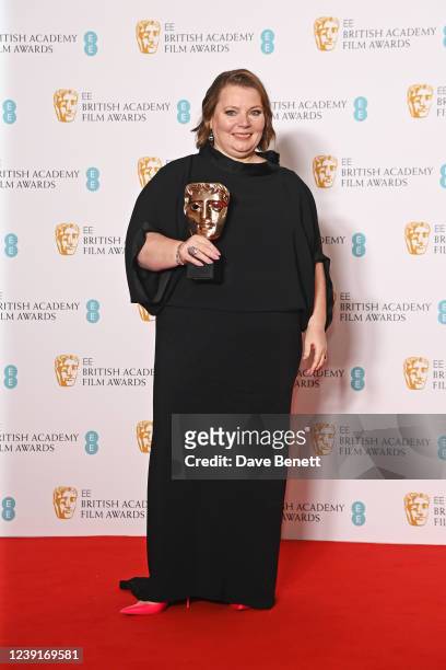 Joanna Scanlan, winner of the Best Actress award for "After Love", poses in the winners room at the EE British Academy Film Awards 2022 at Royal...
