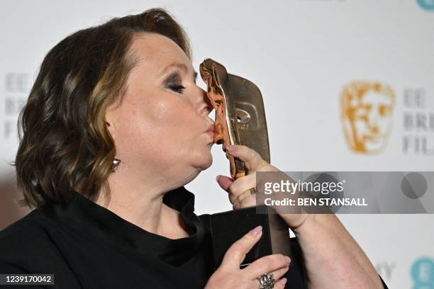 British actress Joanna Scanlan poses with the award for a Leading Actress for work on the film 'After Love' at the BAFTA British Academy Film Awards...