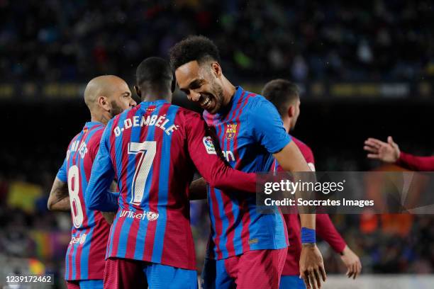 Pierre Emerick Aubameyang of FC Barcelona celebrates 3-0 withOusmane Dembele of FC Barcelona Dani Alves of FC Barcelona during the La Liga Santander...