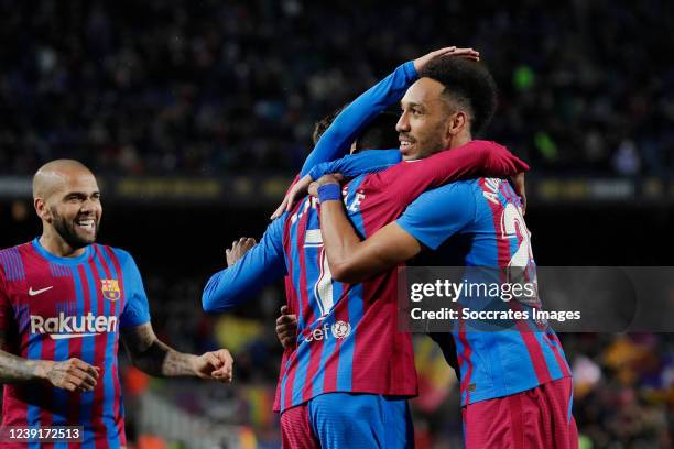 Pierre Emerick Aubameyang of FC Barcelona celebrates 3-0 with Pablo Martin Paez Gavi of FC Barcelona Ousmane Dembele of FC Barcelona Dani Alves of FC...