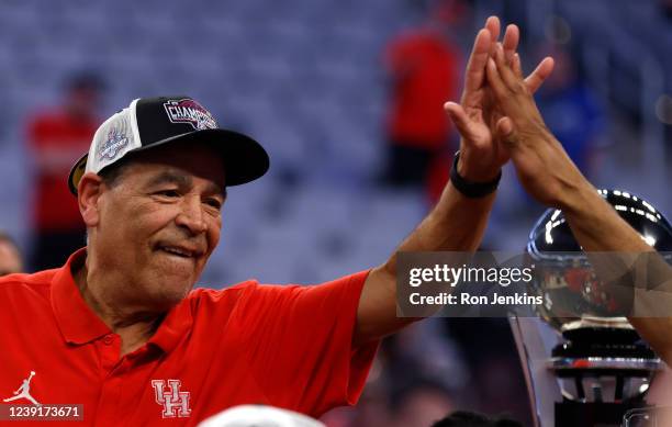 Head coach Kelvin Sampson of the Houston Cougars celebrates the 71-53 win over the Memphis Tigers at the American Athletic Conference Mens Basketball...