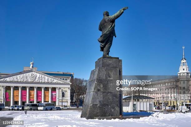 Monument to Vladimir Ilyich Lenin on the central square of the city. Daily Life activities continue in the Russian city of Voronezh where there are a...
