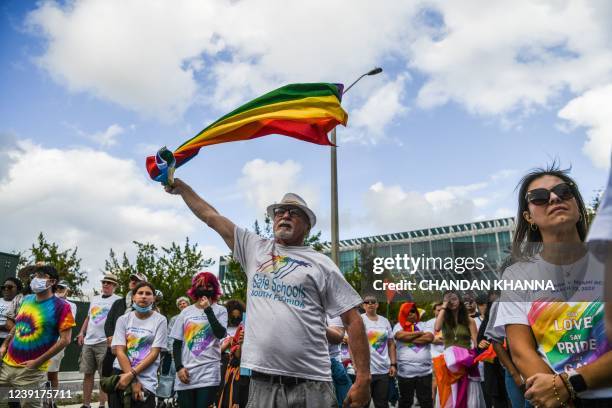 Members and supporters of the LGBTQ community attend the "Say Gay Anyway" rally in Miami Beach, Florida on March 13, 2022. - Florida's state senate...