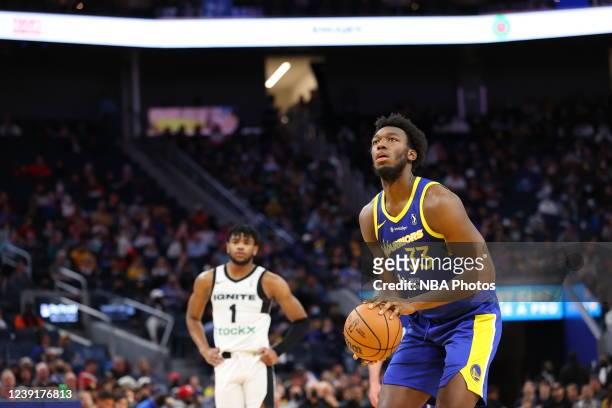 James Wiseman of the Santa Cruz Warriors shoots a free-throw against G League Ignite during the G-League game on March 13, 2022 at Chase Center in...