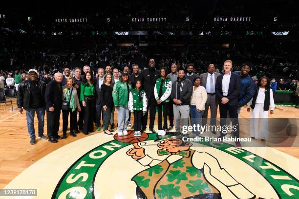 Kevin Garnett and friends poses for a photo during his jersey retirement ceremony on March 13, 2022 at the TD Garden in Boston, Massachusetts. NOTE...