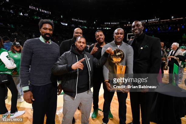Former Boston Celtics Players, Leon Powe, Eddie House, Antoine Walker, Paul Pierce, James Posey and Kevin Garnett pose for a photo with the Larry...