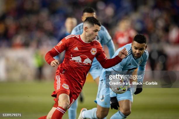 Lewis Morgan of New York Red Bulls looks to take the shot on goal during the first half of the match at Red Bull Arena on March 13, 2022 in Harrison,...