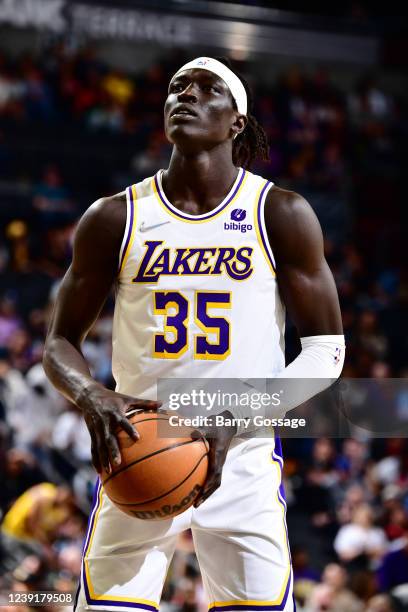 Wenyen Gabriel of the Los Angeles Lakers shoots a free throw during the game against the Phoenix Suns on March 13, 2022 at Footprint Center in...