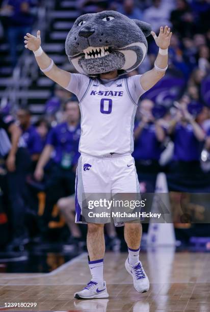 The Kansas State Wildcats mascot is seen during the game against the West Virginia Mountaineers at T-Mobile Center on March 10, 2022 in Kansas City,...