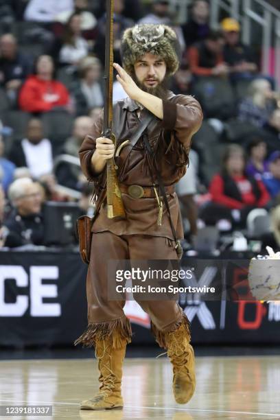 The West Virginia Mountaineers mascot in the second half of a Big 12 Tournament play-in game between the West Virginia Mountaineers and Kansas State...