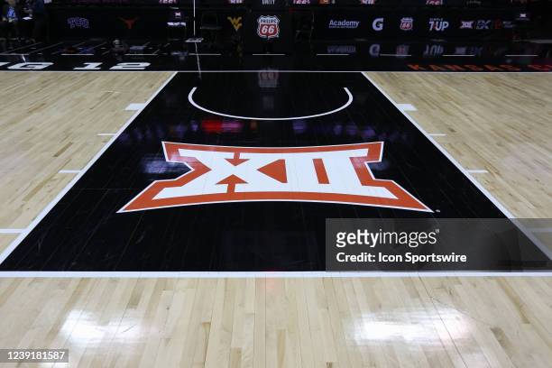 View of the Big 12 logo on the court before a Big 12 Tournament quarterfinal game between the TCU Horned Frogs and Texas Longhorns on Mar 10, 2022 at...
