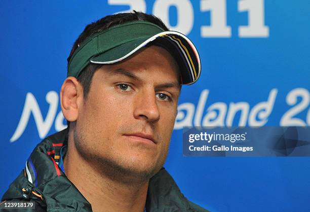 Pierre Spies talks to the media during a South Africa IRB Rugby World Cup 2011 media session at the Intercontinental Hotel on September 6, 2011 in...