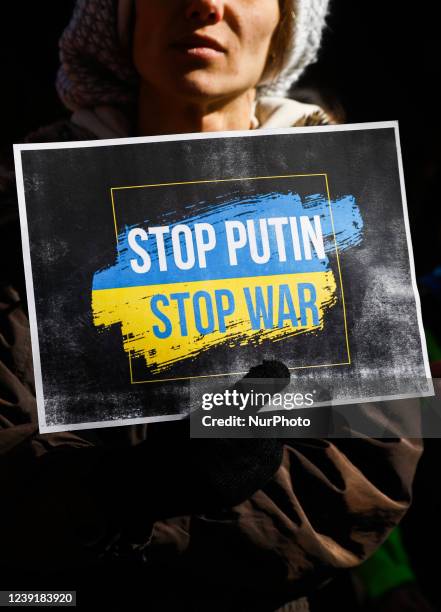 Ukrainian citizens and supporters attend a demonstration of solidarity with Ukraine demanding NATO to close the sky for Russian planes over the...