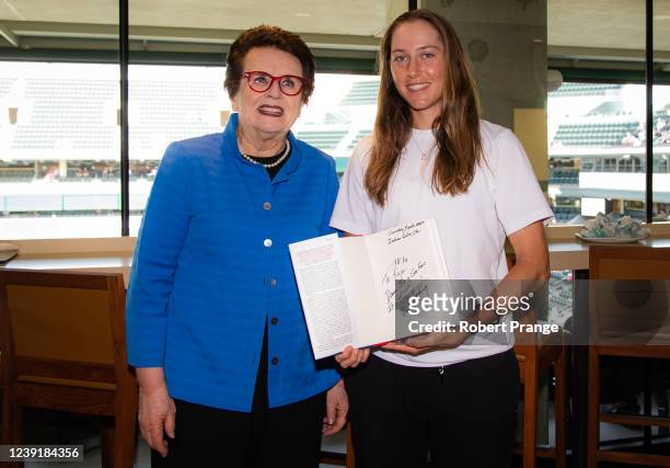 Kaja Juvan of Slovenia meets Bille Jean King of the United States during a book signing at the Indian Wells Tennis Garden on March 13, 2022 in Indian...