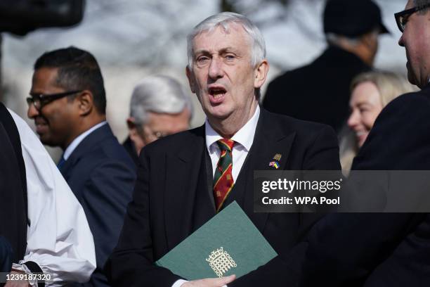 Speaker of the House of Commons Sir Lindsay Hoyle delivering a speech attends a commemorative ceremony and laying of wreaths at the Commonwealth...