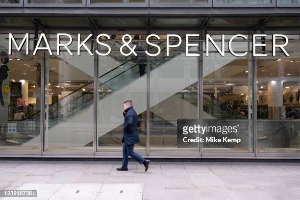Sign for department store and supermarket chain Marks and Spencer in the City of London on 3rd March 2022 in London, United Kingdom. Marks & Spencer...