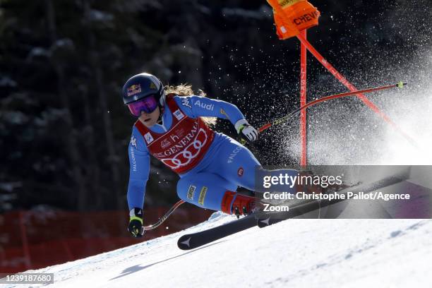 Sofia Goggia of Team Italy in action during the Audi FIS Alpine Ski World Cup Women's Downhill Training on March 14, 2022 in Courchevel, France.