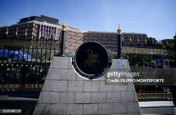 Photo shows the main entrance of the Cavalieri Waldfor Astoria hotel in Rome on March 14, 2022 where US president's national security adviser, Jake...