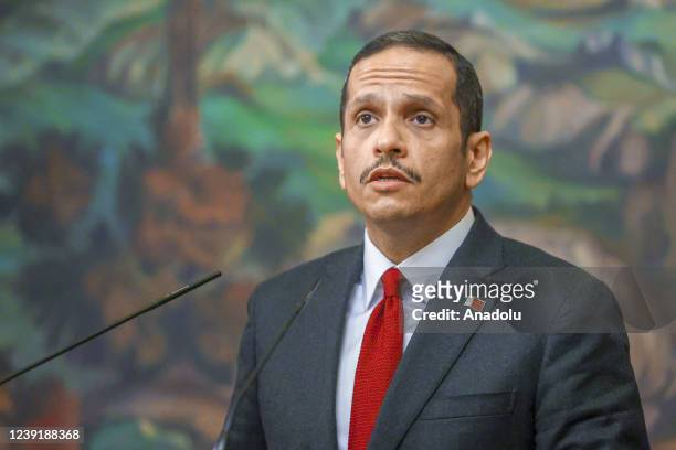 Qatari Foreign Minister Sheikh Mohammed bin Abdulrahman Al-Thani speaks during joint press conference held with Russian Foreign Minister Sergey...