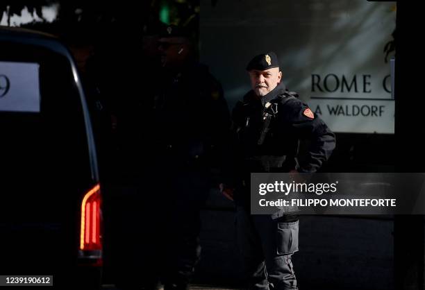 Police officier stands at the Cavalieri Waldorf Astoria hotel in Rome on March 14 where US president's National Security Advisor Jake Sullivan met...