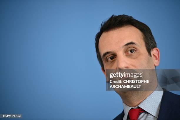 French nationalist party "Les Patriotes" leader Florian Philippot listens to French far-right party Debout la France candidate for the 2022...