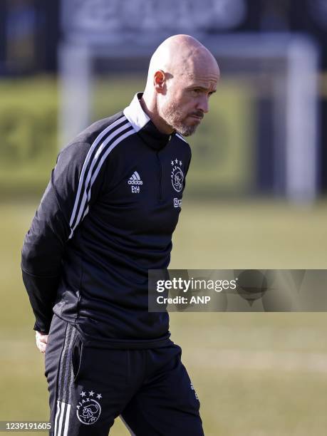 Ajax coach Erik ten Hag during a training session prior to the Champions League match against Benfica at Sportcomplex De Toekomst on March 14, 2022...