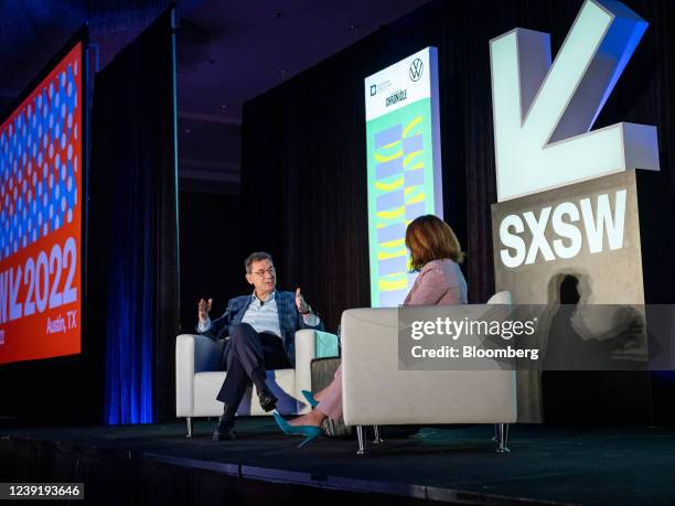 Albert Bourla, chairman and chief executive officer of Pfizer Inc., left, speaks during South By Southwest festival in Austin, Texas, U.S., on...