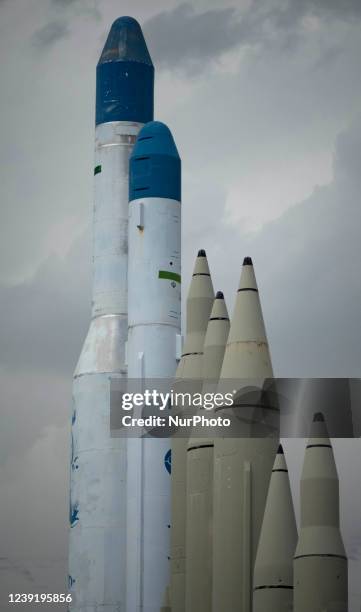 Iranian surface-to-surface missiles and two satellite carriers in a war museum in northern Tehran on March 14, 2022.