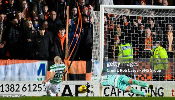 Celtic's Daizen Maeda scores but his goal is ruled out for a handball during a Scottish Cup match between Dundee United and Celtic at Tannadice Park,...