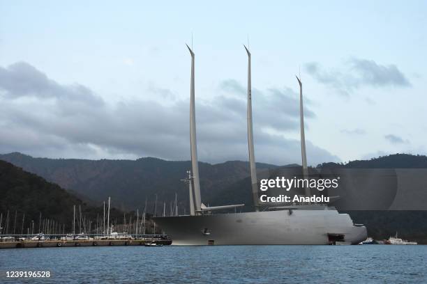 File photo dated November 18 shows the "SY A" yacht, owned by Russian billionaire Andrey Melnichenko as it refuels by a tanker in Mugla, Turkiye. The...